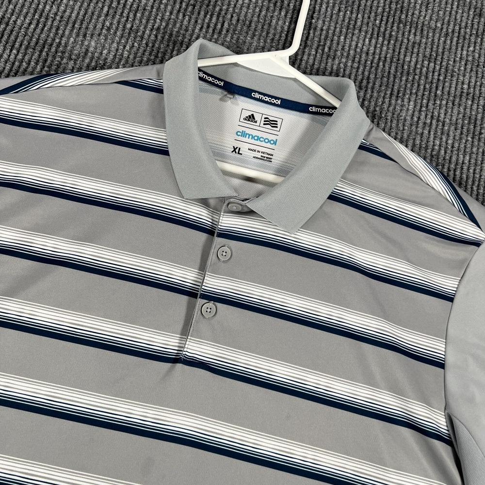 Adidas Polo Shirt Mens XL Extra Large Gray Striped Climacool Golf Outdoor Casual